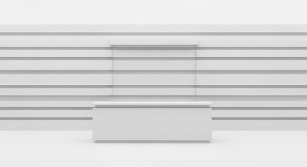 Empty white retail display counter with slatwall panel background for product presentation.