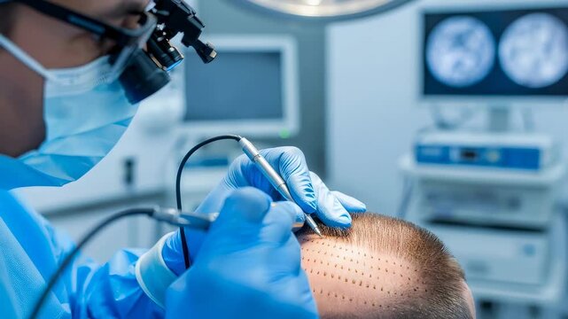 Surgeon performing hair transplant procedure on a mans scalp with precision tools in a medical clinic