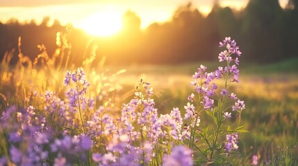 Obraz premium Captivating countryside scene with blooming purple flowers.