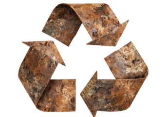 Rusted metal recycle symbol with visible deterioration on a black background
