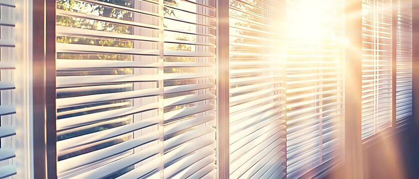 Closed window with jalousie blinds, sun rays, and bright sunlight.