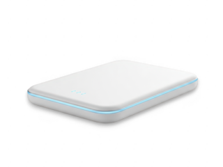 White portable power bank with blue light accent isolated on transparent background