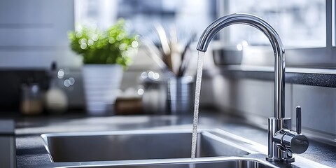 Modern kitchen sink with a sleek faucet running water into the basin.
