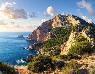 A scenic coastal view showcasing a mountain peak topped with a lighthouse, lush vegetation, and vibrant blue ocean