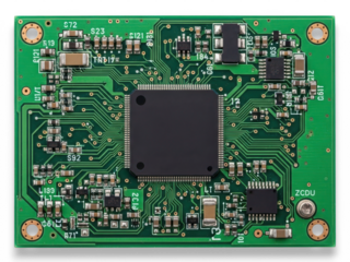 Green printed circuit board (pcb) with central integrated circuit and components isolated on transparent background