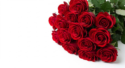 Intense deep red rose blossoms beautifully presented against a stark white backdrop in clean bright studio lighting. AI Generated