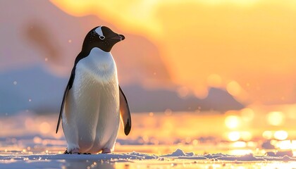 A solitary penguin stands on ice, bathed in golden sunlight during what appears to be a stunning sunrise or sunset, mountains silhouetted