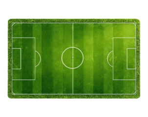 Aerial view of green soccer field with white lines and goals