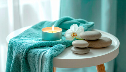 elaxing Spa Composition with Teal Towel, Burning Candle, Zen Stones and White Orchid on Table