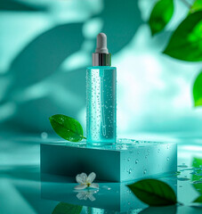 Blue Glass Serum Bottle on Podium with Water Drops and Green Leaves, Fresh Skincare Product Display