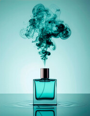 Teal Perfume Bottle with Abstract Smoke Explosion on Blue Background, Mystery Fragrance Scent Concept