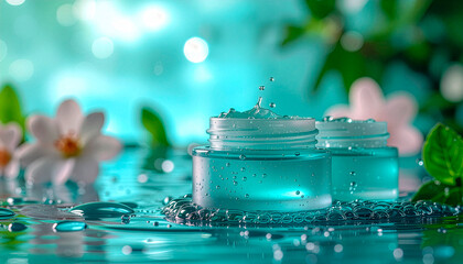 Two Blue Cosmetic Cream Jars on Water Surface with Splash and Ripples, Fresh