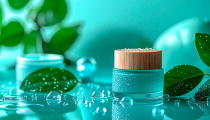 Teal Cosmetic Cream Jar Mockup with Bamboo Lid, Water Drops and Green Leaves on Wet Surface
