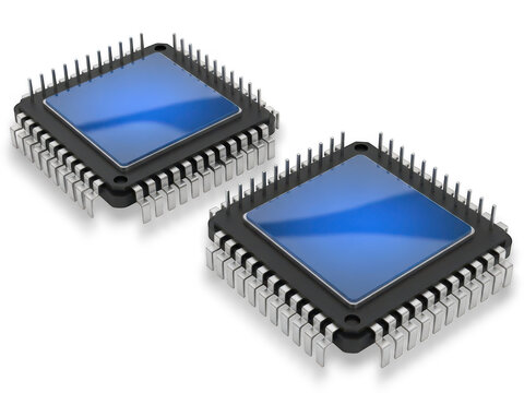 Two square integrated circuits with blue surfaces isolated on transparent background