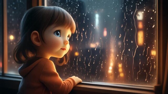 A young girl looking out of a rainy window at night, watching raindrops fall on the glass