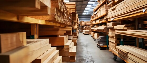 Stacked wooden bars in�hardware store.