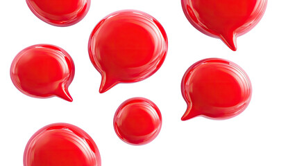 Glossy red speech bubbles floating on a black backdrop, various sizes, 3D render