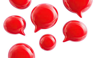 Glossy red speech bubbles floating on a black backdrop, various sizes, 3D render