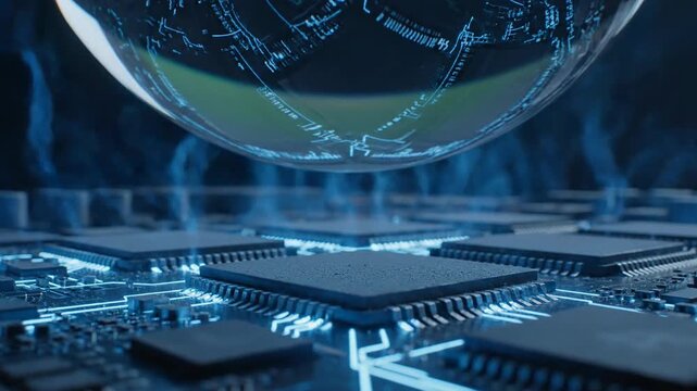 Circuit board with microchips and a reflective transparent sphere