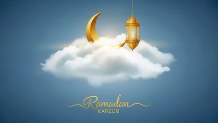 Golden moon and lantern floating on a cloud during ramadan