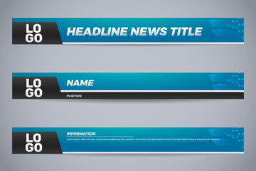 Blue Gradient Lower Third News Graphics with Hexagonal and Arrow Elements for Broadcast Media
