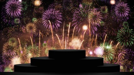 Vibrant Fireworks Display with Empty Stage Podium at Night.