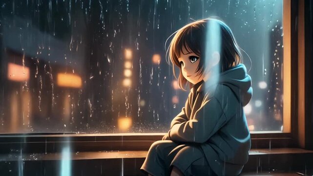 A cartoon child watches rain slide down a large window at night, city lights glowing softly