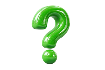 Glossy, green question mark floating in darkness, with rounded shape
