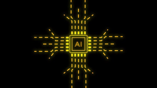 Abstract AI Chip with Yellow Circuitry on Black Background artificial intelligence processor