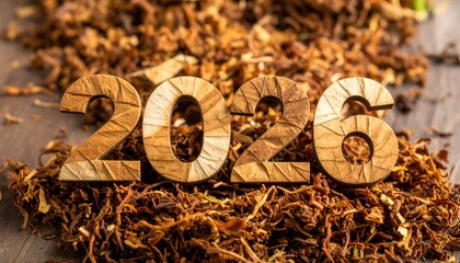 Wooden "2026" numbers sit in dried tobacco, atop a wooden surface