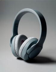 Grey Wireless Headphones Angled Side View on Grey Background, Minimalist Modern Audio Equipment Studio Shot