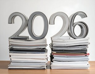 Metallic numbers 2026 atop stacks of magazines against a white backdrop