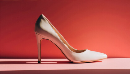 Classic Beige Stiletto Pump on Vibrant Red Background with Hard Shadow, Minimalist Fashion Photography