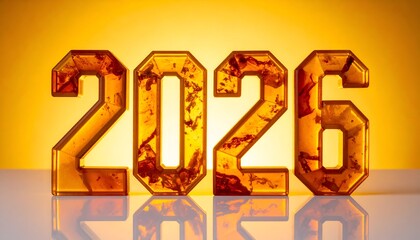 Transparent amber-like digits of "2026" against glowing gold backdrop