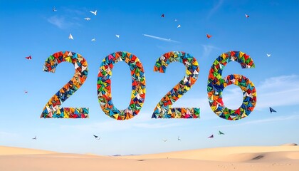 Colorful, paper-filled numerals forming "2026" against a blue sky over desert