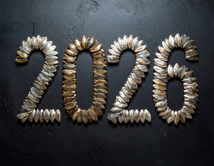 Numbers "2020" crafted from seed-like objects on a dark, textured surface