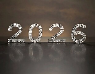 Silver-colored year 2026 formed with domino tiles, reflective surface