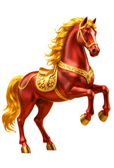 Metallic red horse decorated with gold in dynamic pose, oriental concept