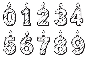 Hand drawn line art birthday candle numbers set featuring digits zero through nine for celebrations