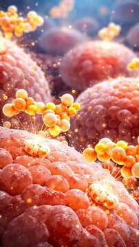 Fantasy insulin hormone molecule blood cell surface with sugar metabolism glowing receptor cluster and swirling lipid particle concept art medical science background abstract 3d render biology health