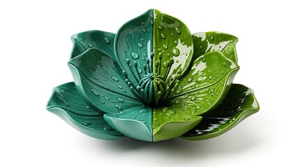 Ceramic Flower with Water Droplets Exhibiting Dual-Tone Green Hue on White Backdrop