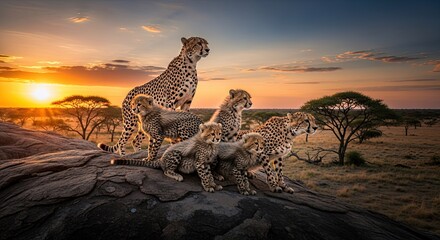 Cheetah family perched atop a rocky outcrop during a stunning sunset in african savanna