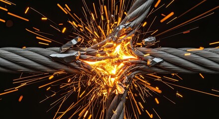 Close-up Image of a Thick Metal Cable Under Stress with Sparks Flying Everywhere
