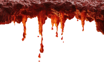 Suspended red-orange viscous drips hang from a rough, porous ceiling against black