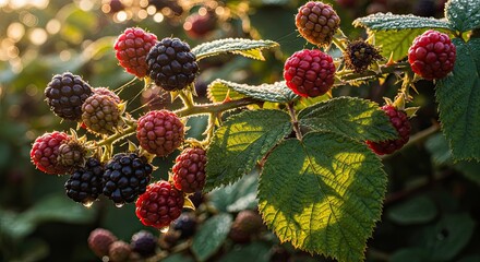 Close-up shot of wild blackberries at various stages of ripening in bright sunlight