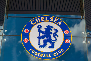Fototapeta premium Chelsea FC Logo on Stamford Bridge Stadium Exterior in London, England, UK
