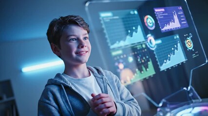 Boy looks at data charts on transparent screen; future tech concept - Powered by Adobe