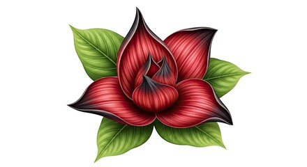 Elegant Red Flower Illustration with Green Leaves on a Clean White Background Depicting Botanical