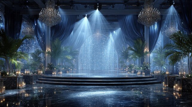 Luxury nightclub stage with black velvet curtains, silver trim, crystal chandeliers, white spotlights, tropical palms, DJ booth, marble platform, premium VIP ambiance, atmospheric haze