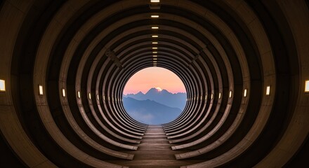 Enchanting Tunnel Vision: Mountains Framed by Circular Architecture and Sunrise Beauty